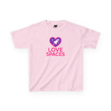 Pink t-shirt with 'Love Spaces' graphic on a white background