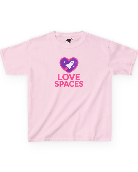 Pink t-shirt with 'Love Spaces' graphic on a white background