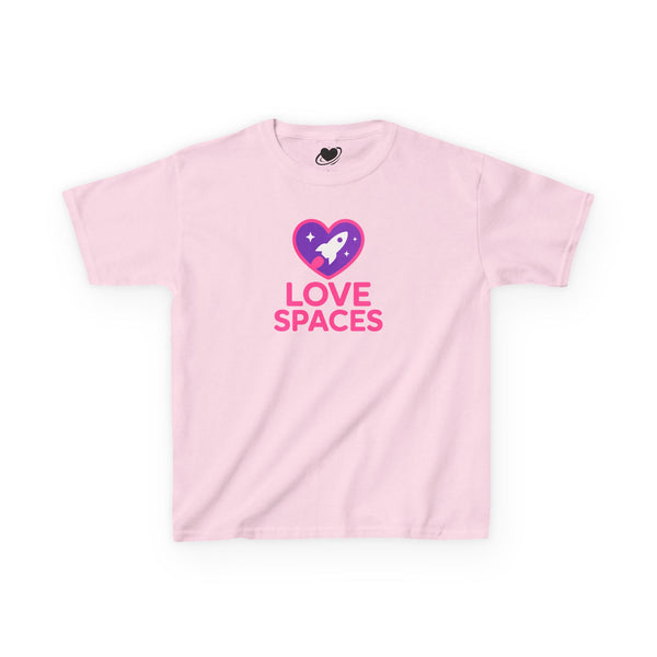Pink t-shirt with 'Love Spaces' graphic on a white background