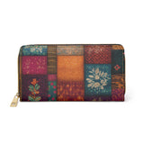 Multicolored patchwork whimsy twee wallet with floral patterns on a white background