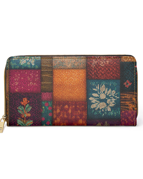 Multicolored patchwork whimsy twee wallet with floral patterns on a white background