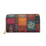Multicolored patchwork whimsy twee wallet with floral patterns on a white background