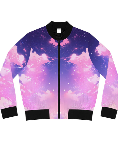 Bomber Jacket with a colorful galaxy pattern on a white background