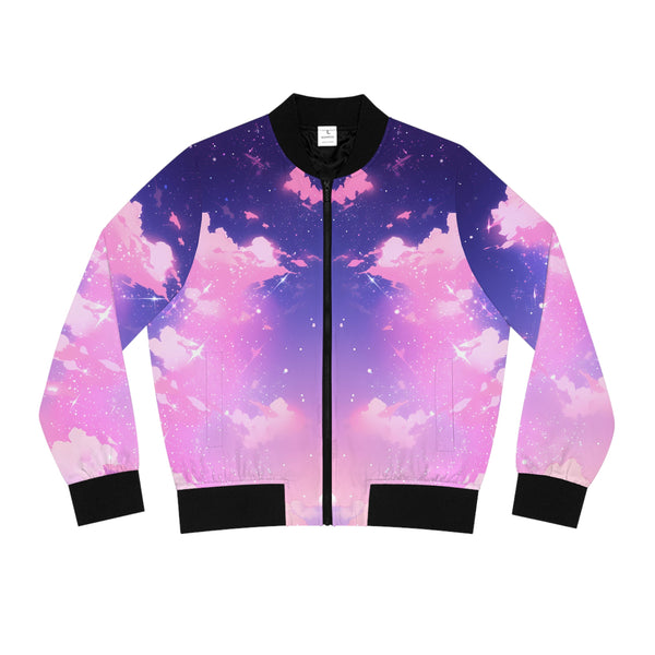 Bomber Jacket with a colorful galaxy pattern on a white background