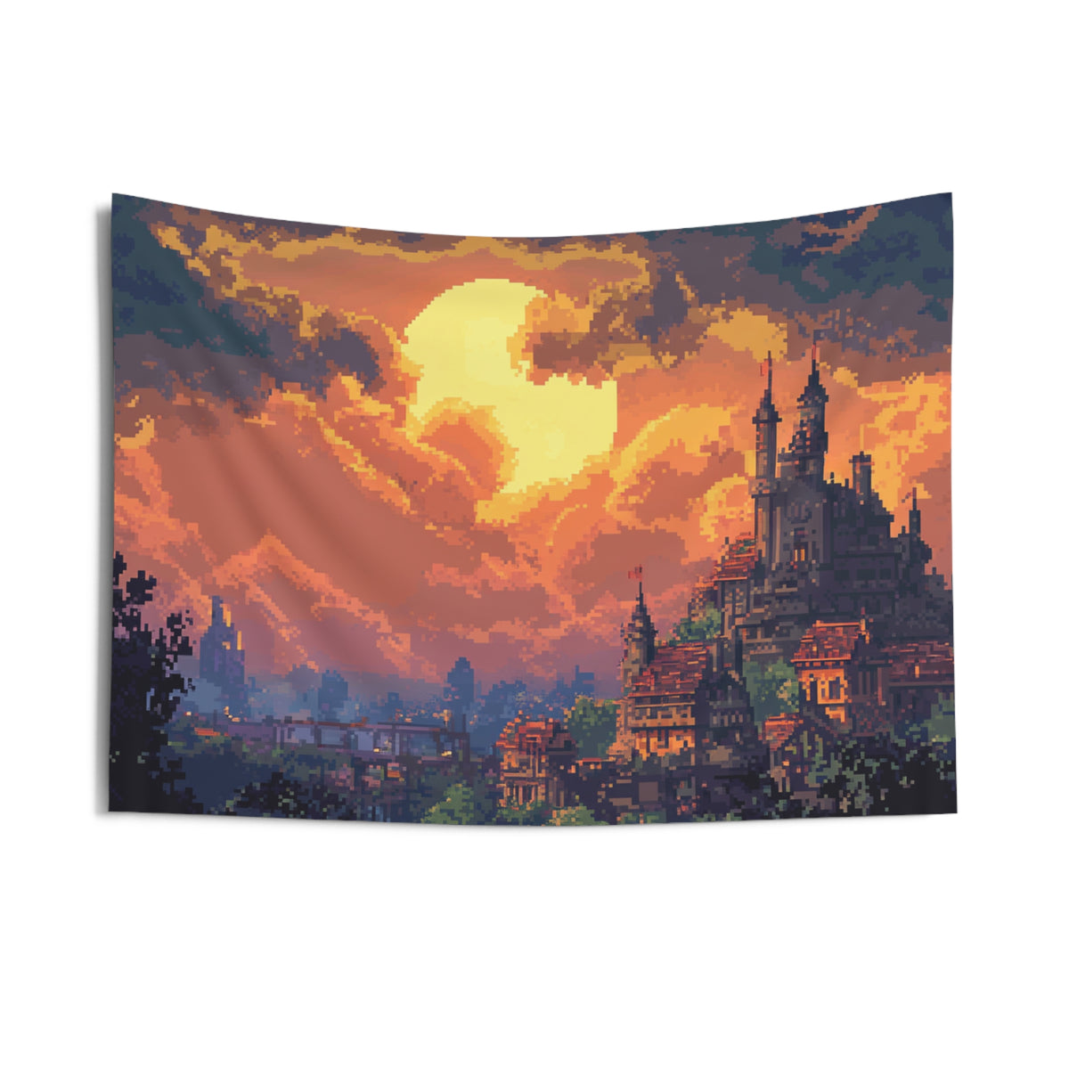 Monolith City - Anime Pixel Art Sunset Tapestry