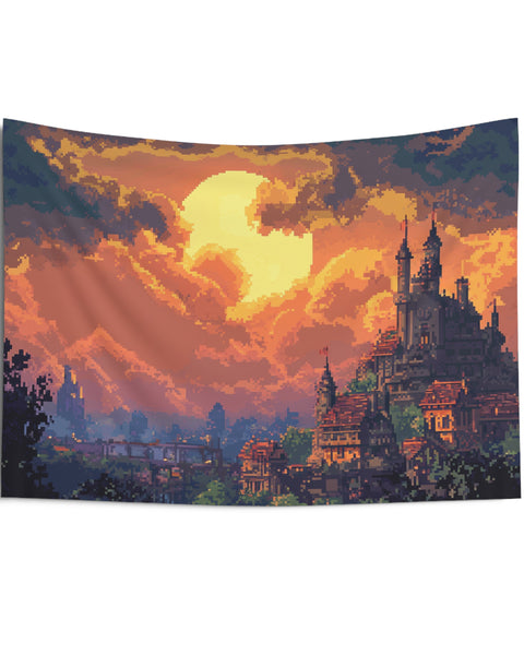 Monolith City - Anime Pixel Art Sunset Tapestry