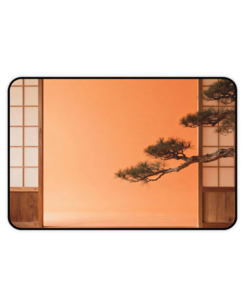 Mouse pad with a surreal landscape with a bonsai tree against an orange sky and Japanese wooden panels.