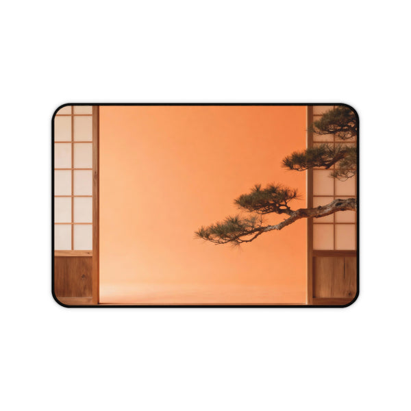 Mouse pad with a surreal landscape with a bonsai tree against an orange sky and Japanese wooden panels.