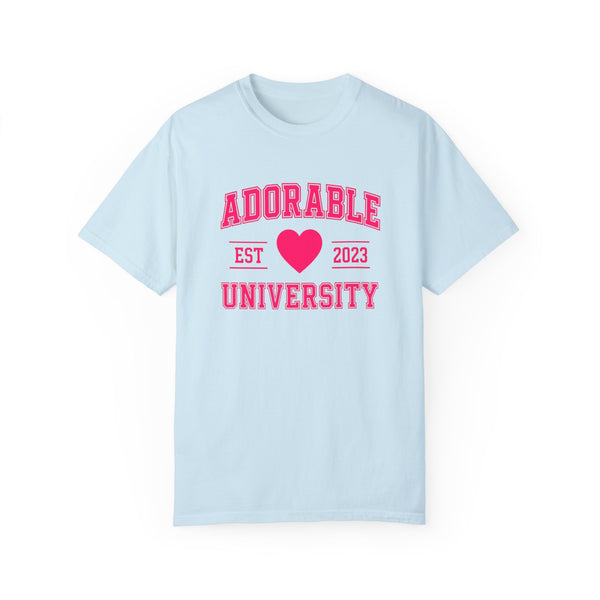 Light blue crew neck t-shirt with the text 'ADORABLE UNIVERSITY EST 2023' printed in red, heart symbol replacing the year.