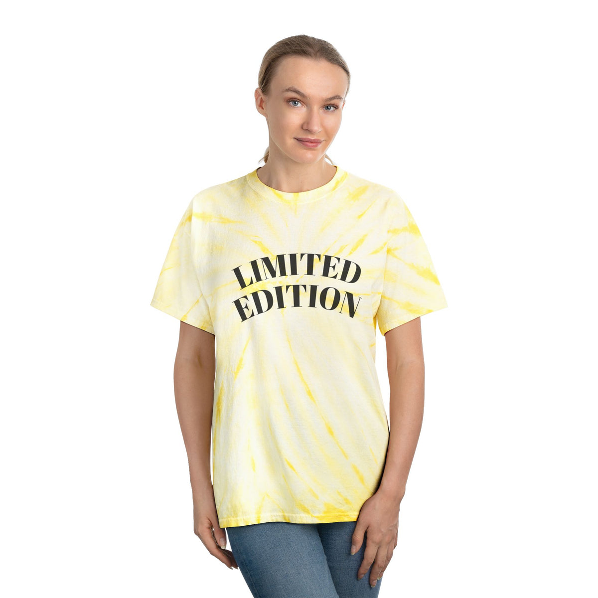 Woman wearing a yellow tie-dye t-shirt with 'LIMITED EDITION' text on a white background