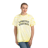 Woman wearing a yellow tie-dye t-shirt with 'LIMITED EDITION' text on a white background