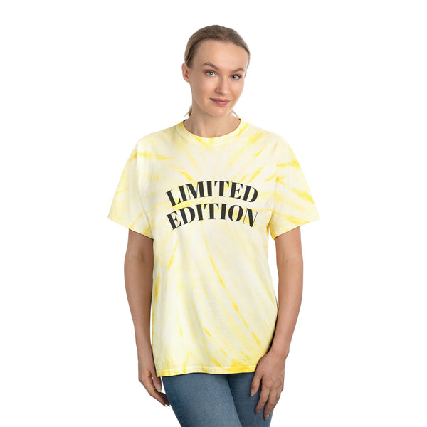 Woman wearing a yellow tie-dye t-shirt with 'LIMITED EDITION' text on a white background