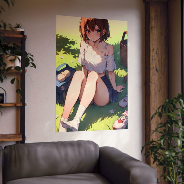 Poster of an anime character on a wall above a sofa in a room with plants.