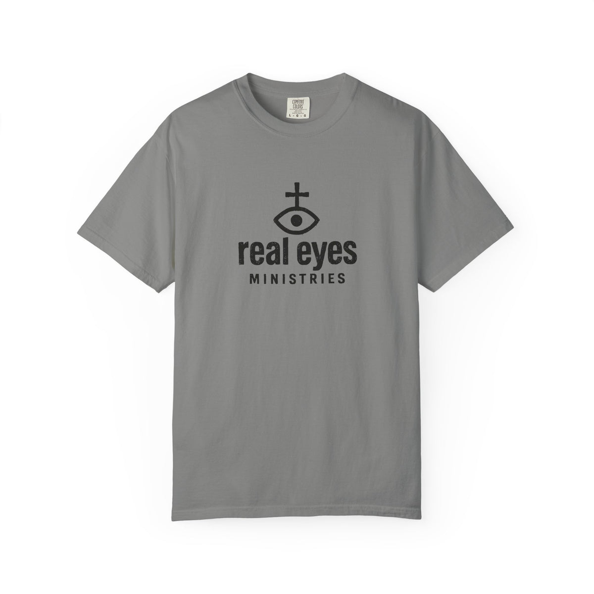 Gray t-shirt with 'real eyes ministries' logo on a white background