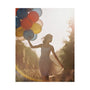 whimsical photography poster of a young woman holding colorful balloons in a field with a warm glow