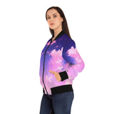 Woman wearing a colorful bomber jacket with a white background