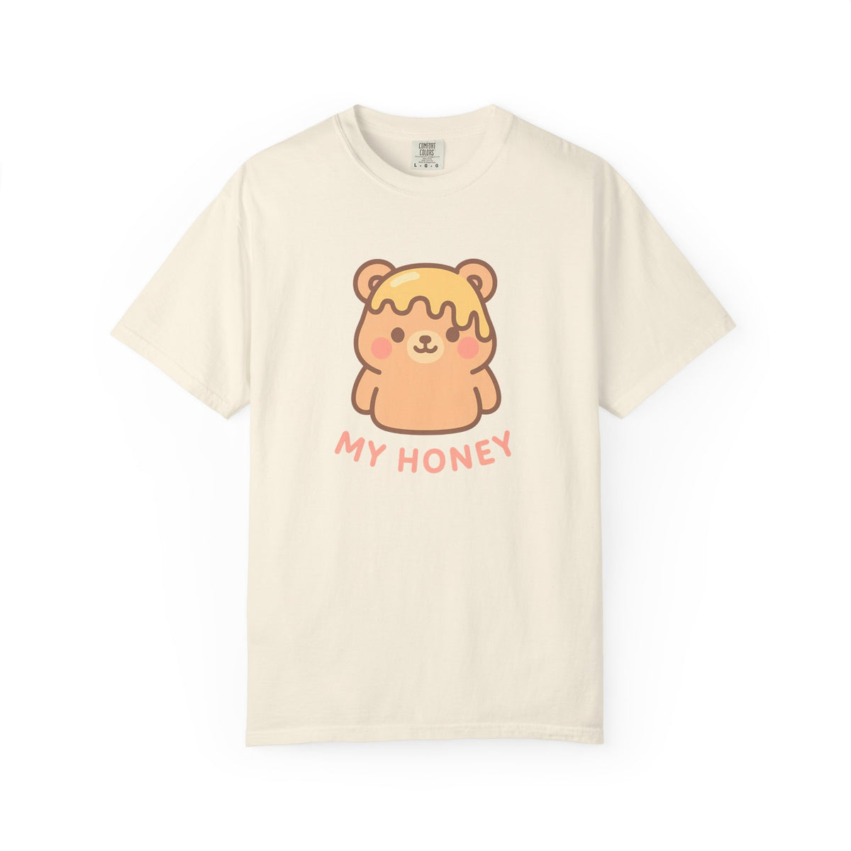 Beige t-shirt with a cartoon bear and 'My Honey' text on a white background