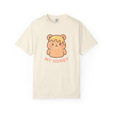 Beige t-shirt with a cartoon bear and 'My Honey' text on a white background