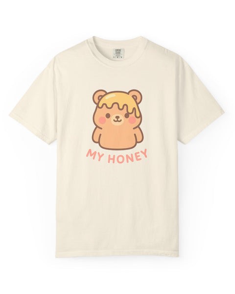 Beige t-shirt with a cartoon bear and 'My Honey' text on a white background