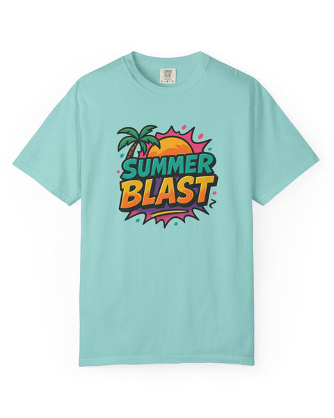 Light blue t-shirt with 'Summer Blast' graphic design on a white background