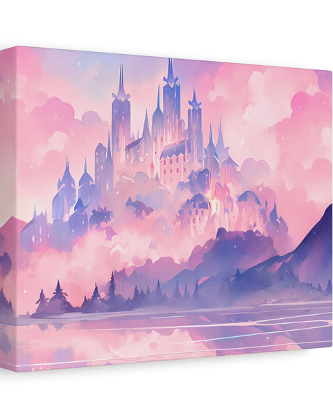 A canvas print featuring original pastel fantasy artwork of a mystical city with castle-like structures amidst a scenic landscape with mountains and a body of water.