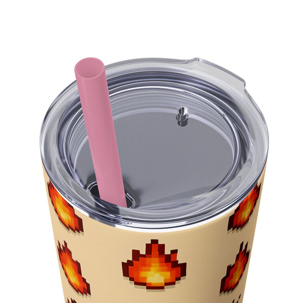 Tumbler with pixelated fire design and pink straw on a white background
