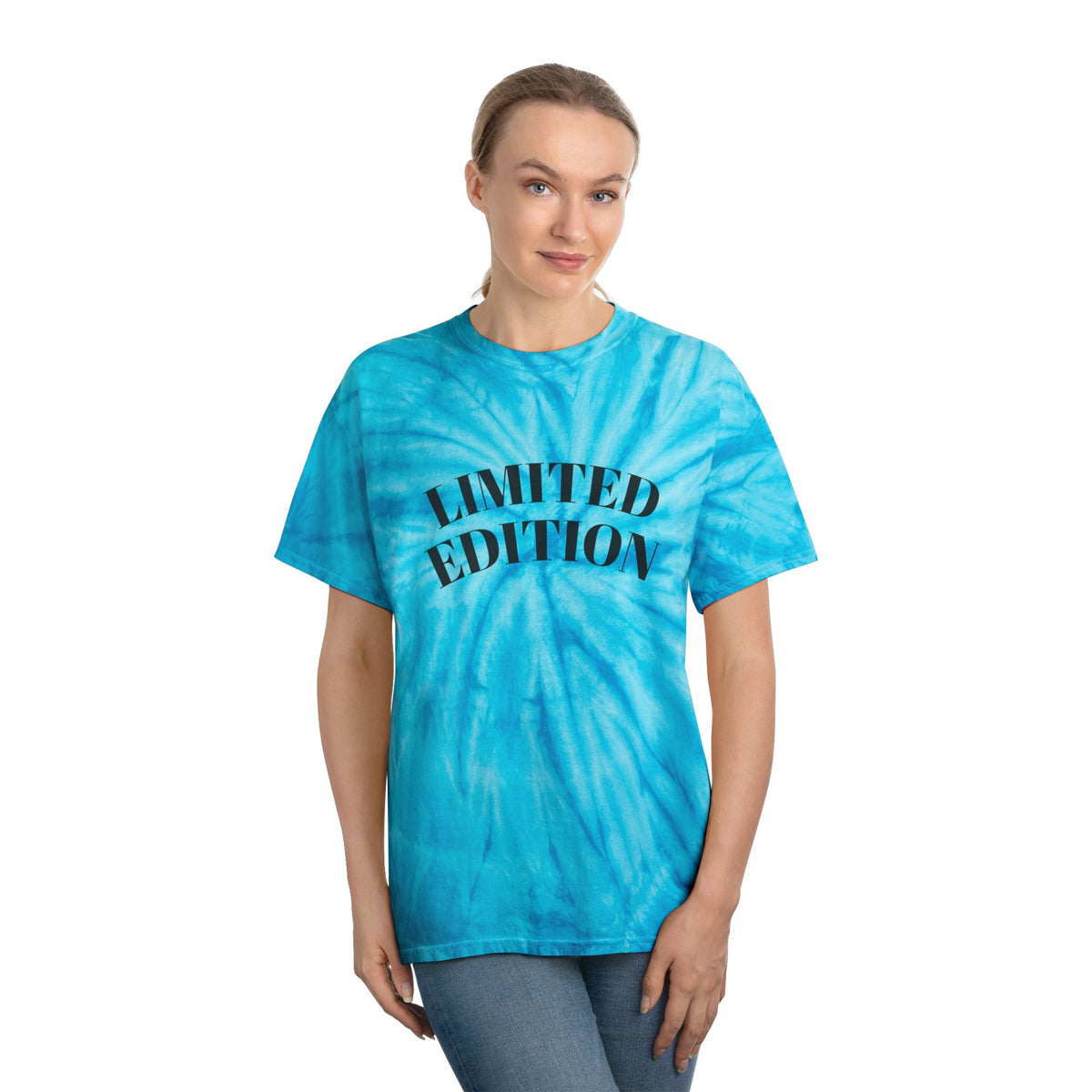 Woman wearing a blue tie-dye t-shirt with 'LIMITED EDITION' text on a white background