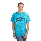Woman wearing a blue tie-dye t-shirt with 'LIMITED EDITION' text on a white background