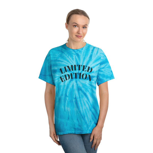 Woman wearing a blue tie-dye t-shirt with 'LIMITED EDITION' text on a white background