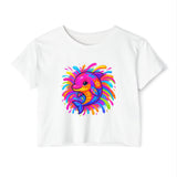 White t-shirt with a colorful dolphin design on a white background
