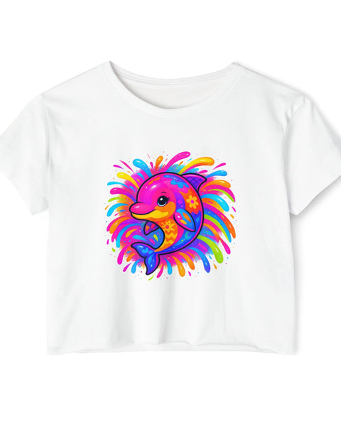 White t-shirt with a colorful dolphin design on a white background