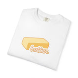 White t-shirt with a yellow butter bar graphic and 'butter' text on a white background