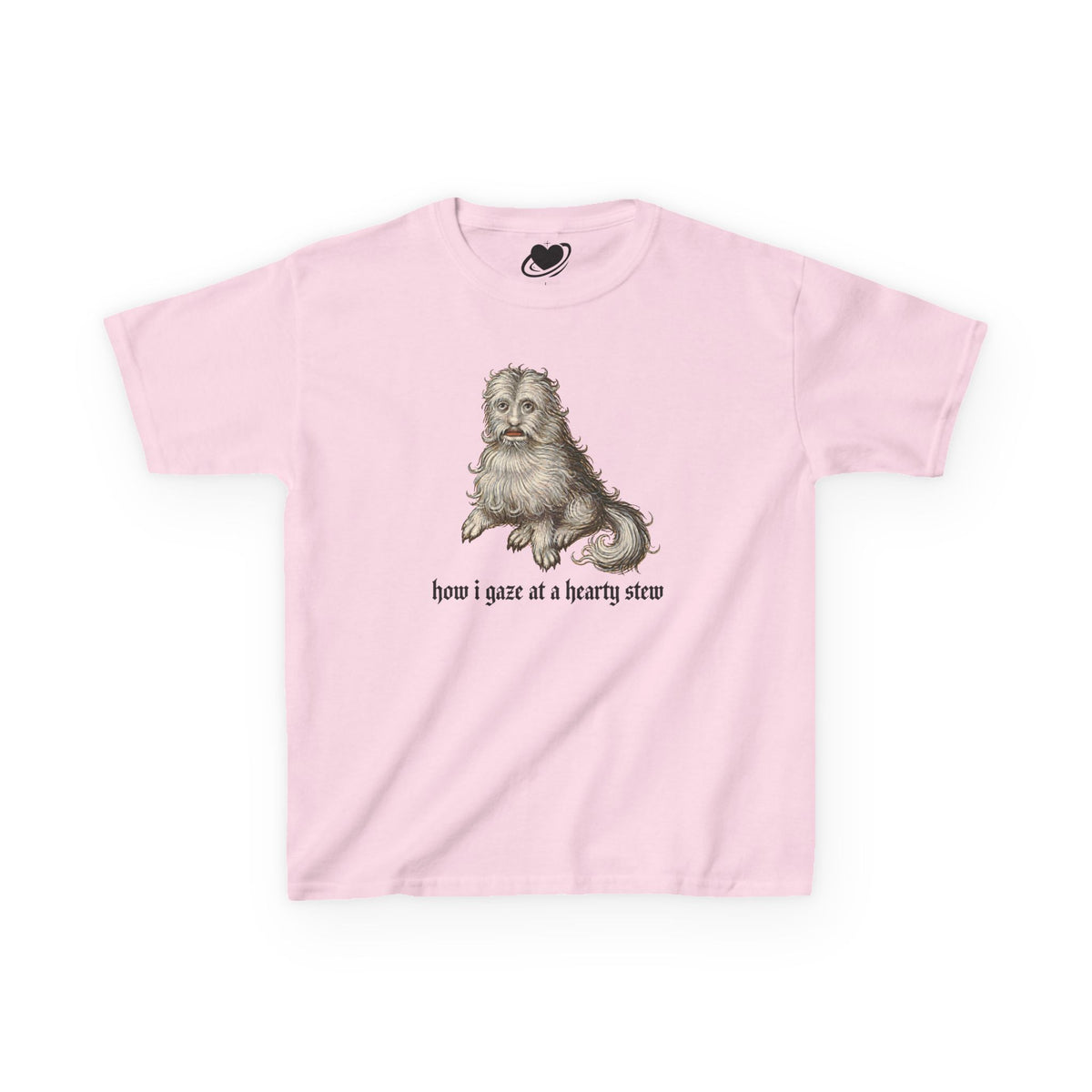 A light pink baby tee featuring a vintage-style illustration of a medieval dog meme and the text 'how i gaze at a hearty stew' printed on the front.