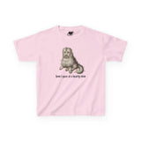 A light pink baby tee featuring a vintage-style illustration of a medieval dog meme and the text 'how i gaze at a hearty stew' printed on the front.
