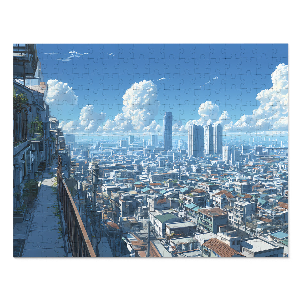 Cityscape puzzle with modern and traditional buildings under a blue sky with clouds.