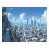 Cityscape puzzle with modern and traditional buildings under a blue sky with clouds.