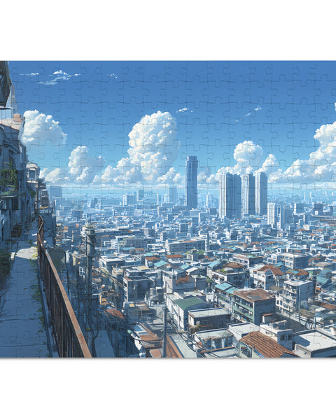 Cityscape puzzle with modern and traditional buildings under a blue sky with clouds.