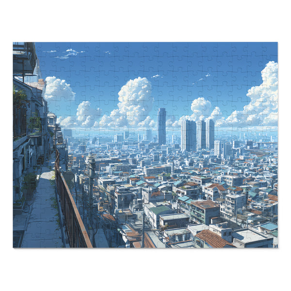 Cityscape puzzle with modern and traditional buildings under a blue sky with clouds.