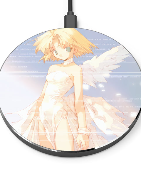 Round wireless charger with anime angel character design on a white background