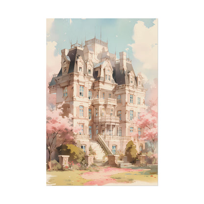 Celestia Manor in Spring - Anime Watercolor Mansion Poster