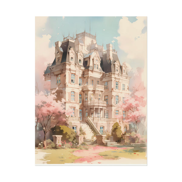 Celestia Manor in Spring - Anime Watercolor Mansion Poster