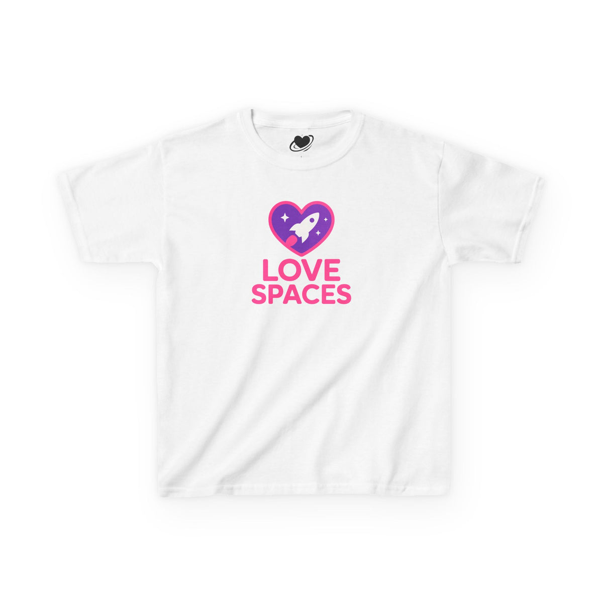 White t-shirt with 'Love Spaces' logo featuring a heart and rocket on a white background