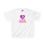 White t-shirt with 'Love Spaces' logo featuring a heart and rocket on a white background