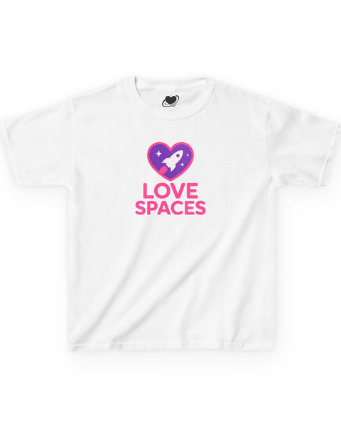 White t-shirt with 'Love Spaces' logo featuring a heart and rocket on a white background