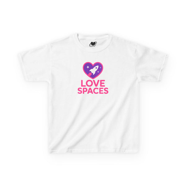 White t-shirt with 'Love Spaces' logo featuring a heart and rocket on a white background
