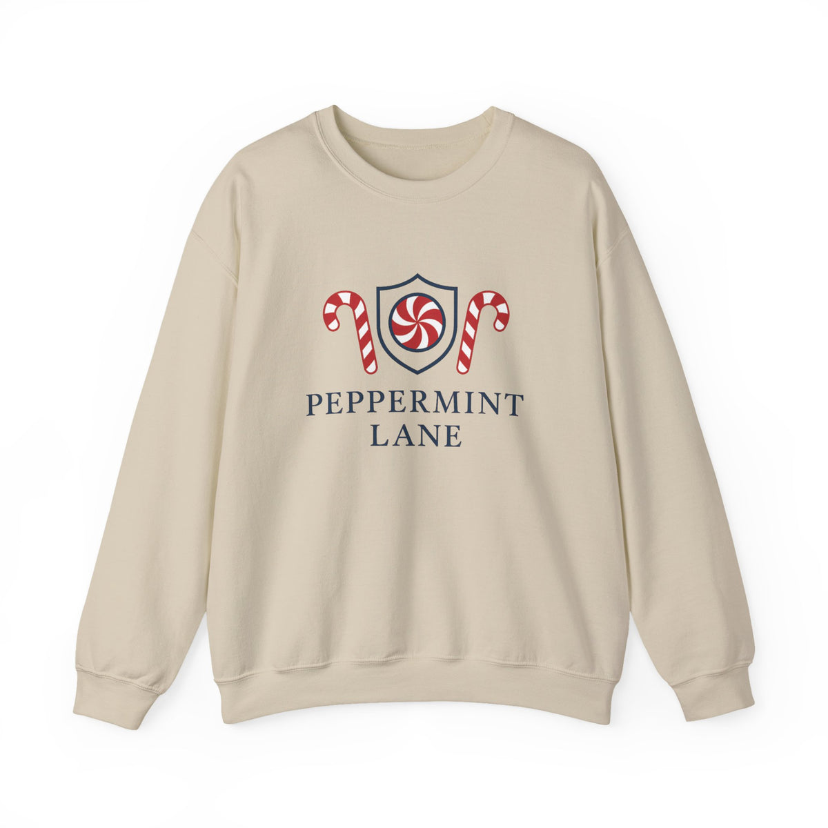 Beige sweatshirt with 'Peppermint Lane' design featuring candy canes and a shield on a white background.
