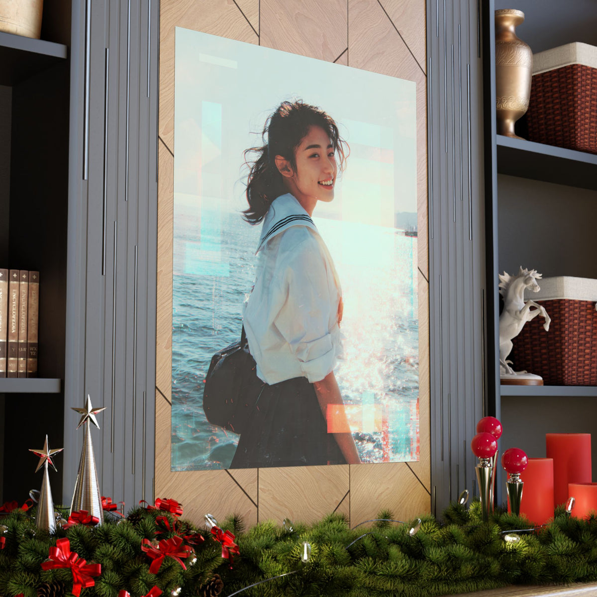large poster of a japanese schoolgirl smiling with a sparkling sea background placed on geometric wall