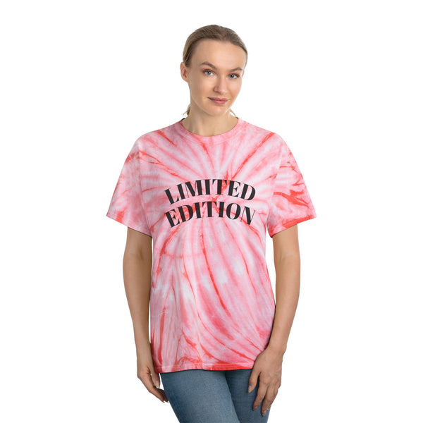 Woman wearing a pink tie-dye t-shirt with 'LIMITED EDITION' text on a white background