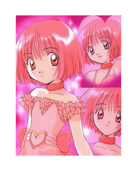 Anime poster featuring a character with pink hair and a pink dress, with additional images in a collage style against a pink background.