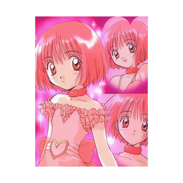Anime poster featuring a character with pink hair and a pink dress, with additional images in a collage style against a pink background.